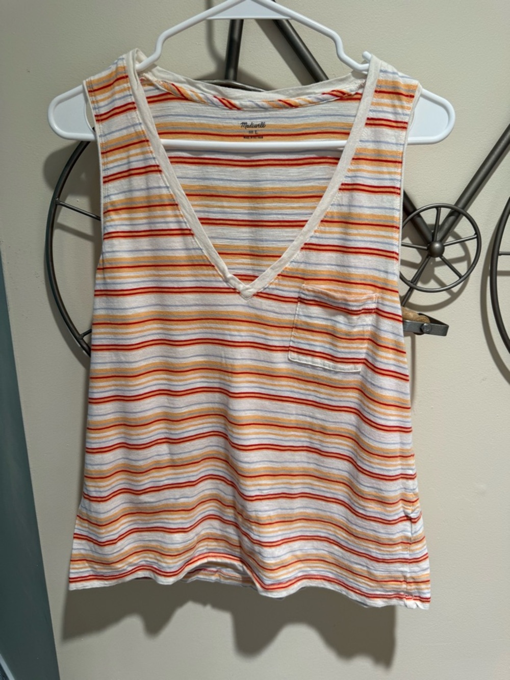 Madewell Sleeveless V-Neck Striped Tank Top White, Orange & Red Stripes Cotton